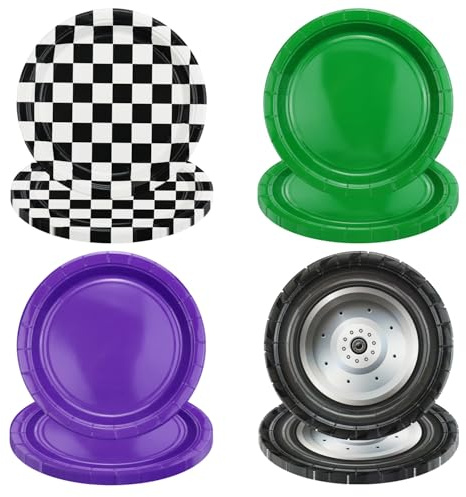 XJLANTTE 40 piatti di carta a scacchi con Monster Truck, colore verde e viola, a quadri, per bambini, auto da corsa, baby shower, compleanni, 22,9 cm