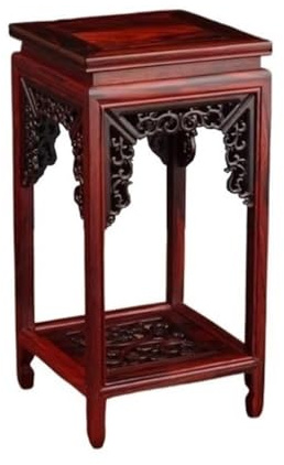 Jian1004 Plant Rack, Square Bench Redwood Carving Bonsai Base, Flowerpot Tea Service Display Holder