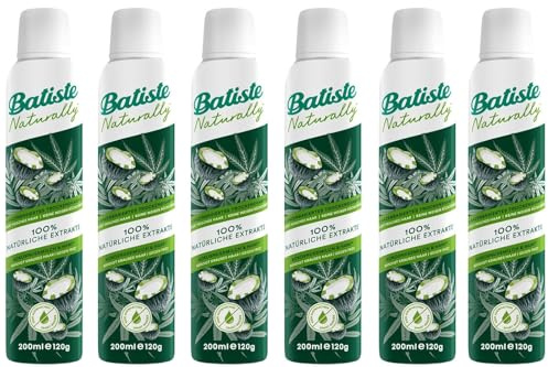 6x Batiste Trockenshampoo Naturally Kokosnussmilch & Hanf,Trockenshampoo zum Auffrischen und Stylen von krausem Haar,ohne Ausspülen,Haarstyling vegan,mit 100% natürlichen Extrakten 200ml (6er Pack)