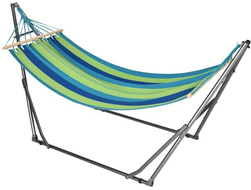 Outsunny Hamaca con Soporte Plegable 2 en 1 270x100x94 cm Azul y Verde | Tendedero con Barra, Estructura de Acero, Hamaca de Camping Portátil de Algodón, Carga 120 kg, para Jardín Patio Terraza
