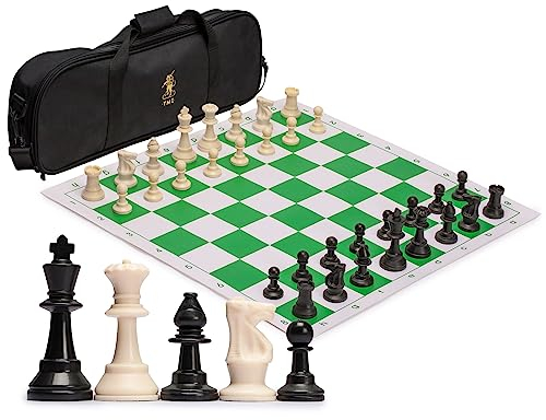 Yellow Mountain Imports Regulation Tournament Roll-Up Staunton Chess Game Set (50-centimeter) with Travel Bag, 2 Extra Queens, and Weighted Chessmen - Green