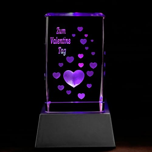 Kaltner Präsente Kristallglas Quader mit Herz-Lasergravur – LED Sockel mit Farbwechsel – Optisches Kristallglas mit Facettenschliff für Valentin