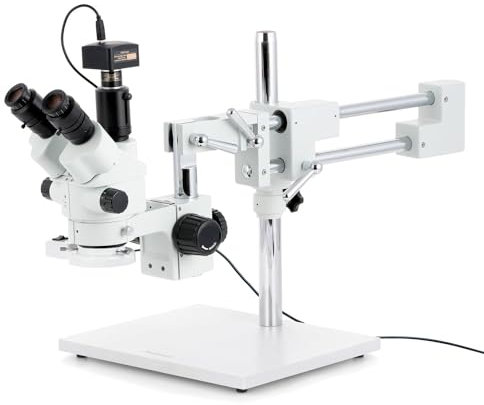 AmScope - 7X-45X Simul-Focal Stereo Zoom Microscope on Boom Stand with Fluorescent Light + 5MP Camera - SM-4NTP-FRL-5M