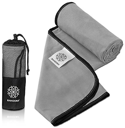 Bahidora® Mikrofaser Handtuch in 16 Farben, schnell trocknendes Reisehandtuch mit Tasche und Aufhängeschlaufe, ultraleichtes und kompaktes Outdoor Handtuch (L 80x160 cm, grau/schwarz)