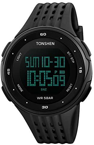 TONSHEN Men's Sport Watch Outdoor Digital Electronic LED Large Face Military 50M Waterproof Watch with Black Silicone Strap Electronic Backlight Stopwatch Date Alarm Army Watch