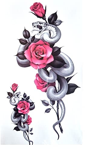 EROSPA® Tattoo-Bogen temporär/Sticker - Rose mit Schlange/Snake - Wasserfest - 21 x 11,4 cm