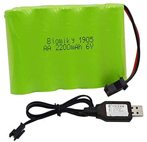 Blomiky Batterie rechargeable Ni-MH 5 AA 6 V 2200 mAh avec connecteur SM-2P noir à 2 broches et câble de charge USB pour véhicules télécommandés 6 V NiMh