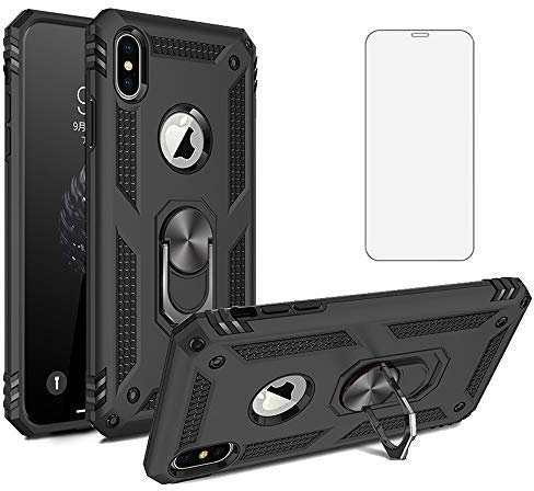Phone Case for iPhone XR with Tempered Glass Screen Protector And Magnetic Stand Ring Holder Accessories Heavy Duty Rugged Protective Shockproof Hard Bumper iPhoneXR i 10XR 10R 10 X R RX Black