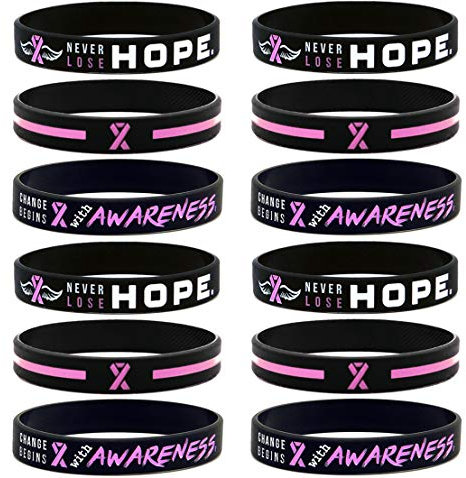 Inkstone, braccialetti per la prevenzione del cancro al seno, unisex, assortimento con nastro rosa, braccialetti in gomma siliconica, regali ispiratori