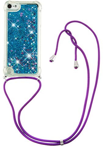 COTDINFOR Handykette Hülle für iPod Touch 7 Flüssigkeit Glitzer Clear Cover Protective Sparkle Floating Bling Silikon Lanyard Handyhüllen für iPod Touch 5/6 / 7 TPU Blue Love YB.