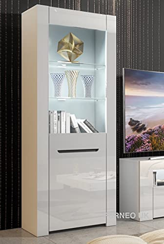 Furneo Milano 09 – White Display Cabinet, High Gloss Front & Matt Body, White LED Lights