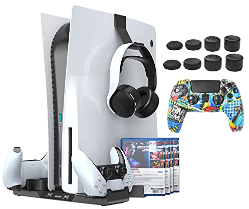 PS5 Vertikale Standfuß für Playstation5 Digital/Disc Edition, PS5 Standfuß Zubehör kompatibel Dual Controller Ladestation, mit Headset Halter, 12 Game Stores, Daumen Griffkappen und Controller Skin