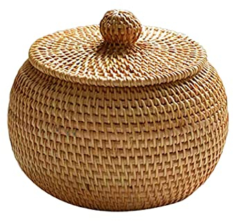 POHOVE Aufbewahrungskorb aus Weide mit Deckel und Korb, Rattan, kleine Box aus geflochtenem Natur-Rattan, für Schlafzimmer, Wohnzimmer, Büro, 15 x 11,9 cm