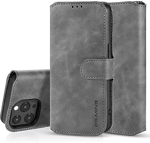 UEEBAI Case for iPhone 13 Pro 6.1 inch, Luxury PU Leather Case Vintage Wallet Flip Cover TPU Inner Shell [Card Slots] Magnetic Closure Stand Function Folio Shockproof Full Protection - Grey