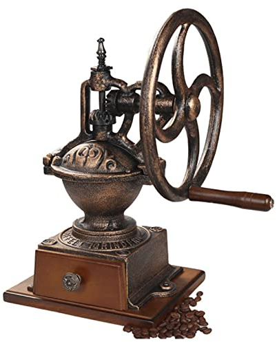 YAMIA1115 Retro Handkurbel Kaffeemaschine Kaffeebohnenmühle Vollgusseisen Großes Schaukelrad Eichenmühle Manuelles Mahlen Metallgetriebe Einstellbar