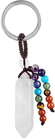 Nupuyai Kristall Schlüsselanhänger Hexagon Edelstein Anhänger Schlüsselbund mit Chakra Steine Perlen Quaste, Schlüsselring Taschenanhänger Glücksbringer Amulett, Bergkristall