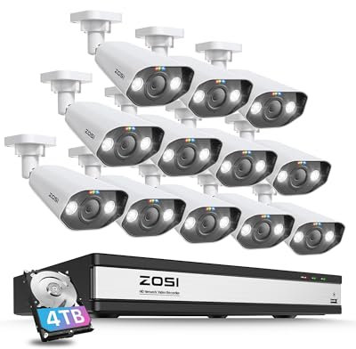 ZOSI 16CH 4K PoE CCTV Camera System, H.265+ 8MP NVR with 4TB HDD,12pcs 4K PoE IP Cameras with 2-Way Audio, Color Night Vision, Human Detection, Sound and Light Alarm, Remote Access, 24/7 Recording