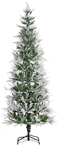 HOMCOM 7 Ft Pencil Snow Flocked Artificial Christmas Tree with Realistic Cypress Branches, Auto Open, Green