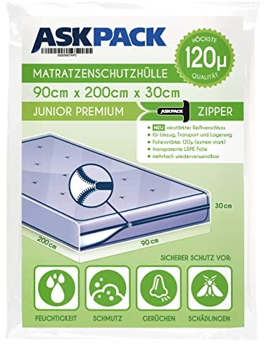 ASK Pack Matratzenschutzhüllen mit Anker-Reißverschluss - Größen von XS bis XXL, Wasserdicht, Reißfest, Ultra Starkes Material 120 mikron - Ideal für Umzug, Lagerung und Transport - 90x200 cm