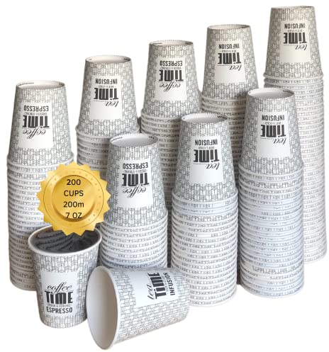 200 Vasos Desechables Café 200 ml Vasos café desechables para Bebidas Calientes y Frías Vasos Cartón para Café,Té, Agua Vasos Café para llevar ( 200 unidades ) (Coffe Time)