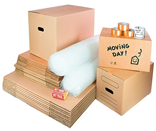 Umzugspaket mit 10 Kartons mit Griffen 50 x 30 x 30 cm, 10 Kartons 43 x 30 x 25 cm, 10 Kartons 60 x 40 x 40 cm, 2 Rollen Luftblasen, 3 Verpackungsbänder, 20 zerbrechliche Etiketten und 30
