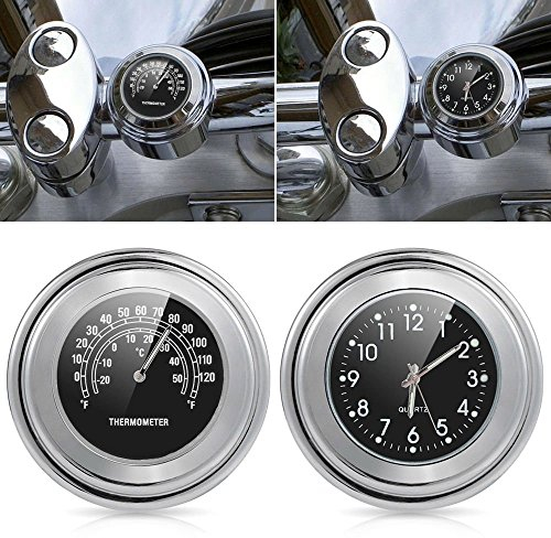 Baceyong Motorrad-Lenkeruhr & Thermometer, wasserdichte Motorraduhren Fahrrad Uhr Für Lenker, Motorrad Uhr Fahrradzubehör Lenkerhalterung Watch, Durchmesser 22-25Mm Motorraduhr, Schwarz, 2 Stück