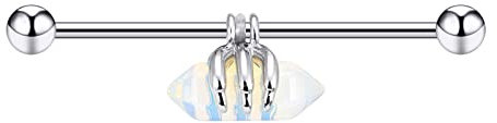 Longbeauty 14G Industrial Piercing Schmuck Edelstahl Barbell 38mm Lange Bar mit Opal/Stein Knorpelohrring Helix Barbell für Damen Herren, 1 Pcs, Weiß