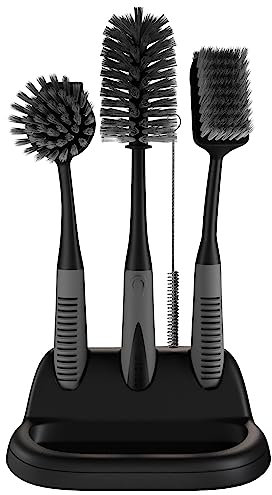 Dish Brush Set of 5 with Holder - Kitchen Scrub Brushes with Non-Slip Long Handle for Cleaning, Scrubber, Dishwashing, Dishes, Bottles, Straws, Cups, Pots & Sink, Black