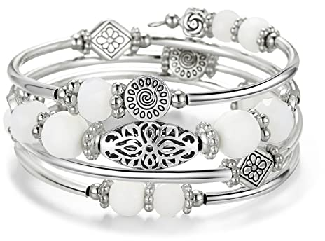 FULU AUTUMN Damen Boho Armband mit Mehrschichtiges Perlen Silber Wickelarmband Modeschmuck Geschenke zum Geburtstag und Muttertag für Frauen(Porcelain White)