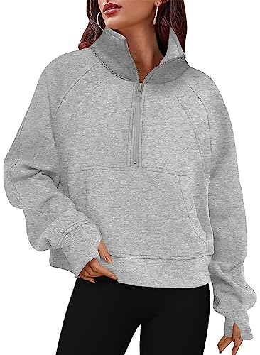 Timuspo Damen Sweatshirts Fleece gefüttert Halber Reißverschluss Crop Pullover Top Stehkragen Langarm Daumenloch Kängurutasche Sweatjacke Grau 8-10