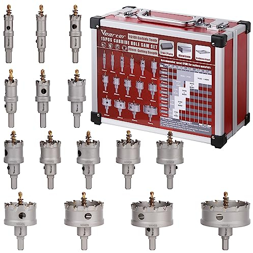 Vearter TCT Hole Saw Kit 15PCS, 16-75mm Carbide Hole Saw Set, Carbide Bits with Pilot Drill,for Stainless Steel, Hard Metals,Iron,Mild Steel,Aluminium,Alloys,Plastics and Fiberglass