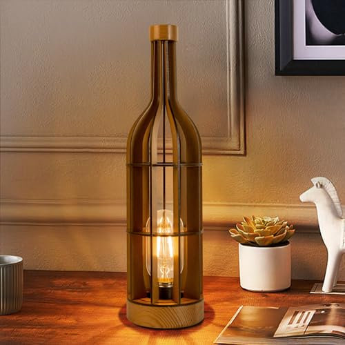 Battery Operated Cordless Lamps Timer, Wooden Wine Bottle Shape Table Lamp, Portable Emergency Lamp for Area No Plug, Decorative accent Lamp For Tabletop/Corner/Entryway/Stairway/Bathroom (Wlanut)