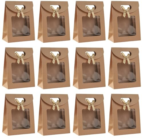 25 Pcs Braune Papiertüten Geschenktüten, Geschenktüte Transparentes Fenster mit Griff Geschenktüte zum Aufbewahren Süßigkeiten Keksen Tragetasche Hochzeiten Einkaufen Verpacken Partys-20x14x7cm