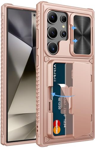 Vihibii for Samsung Galaxy S24 Ultra Case with Slide Camera Protection Cover, Built-in Card Holder (4 Cards) & Kickstand, Shockproof Rugged Wallet Phone Case for Galaxy S24 Ultra 6.8 2024, Rose Gold