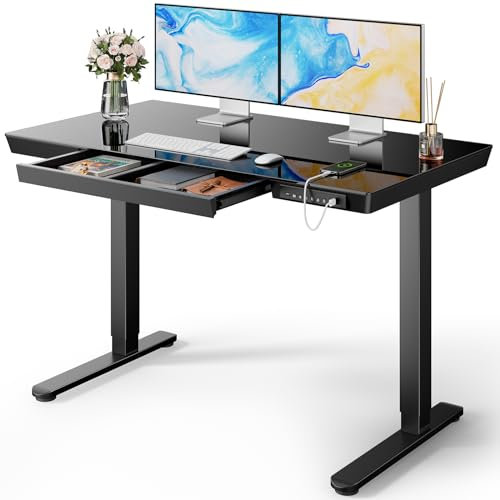 Marsail Glas-Stehschreibtisch mit Schublade, 121,9 x 61 cm, elektrischer Stehpult, höhenverstellbarer Schreibtisch mit einteiliger Tischplatte & USB-Ladeanschlüssen, Sitz-Steh-Schreibtisch mit
