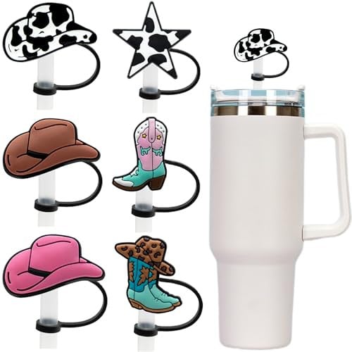 Straw Cover Cap for Stanley Cup 30 Oz 40 Oz Tumblers - 10mm Silicone Cowboy Hat Straw Covers,Funny Cowgirls Straw Toppers Accessories,Cow Boots Straw Covers Cap Plugs for Man & Woman Gifts (Cowboy)