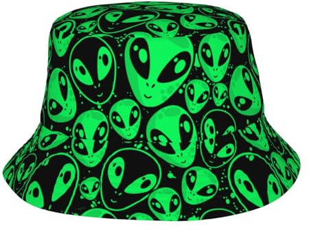 JIEKENMO Fischerhut, modische Sonnenkappe, verstaubar, Outdoor-Anglerhut für Damen und Herren, Alienkleid, grünes Aliensgesicht, 1-2