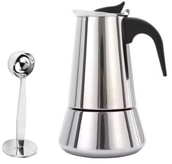 Flouder Cafetera italiana moka, acero inoxidable, (cafetera italiana 6 Tazas 300 ml), Cafe espresso, para hogar y oficina (Cafetera 6 Tazas + Cuchara)