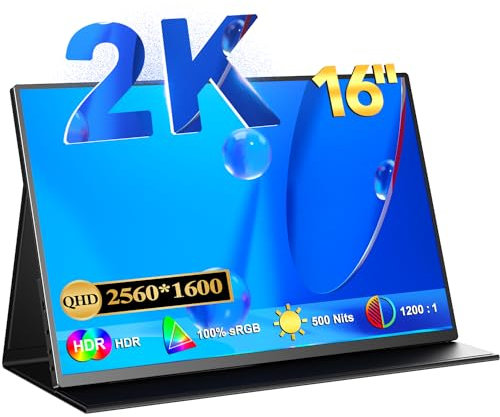 EVICIV Portable Monitor 16 Inch monitor 2K 2560 * 1600 Monitor, 500 Nits,100% sRGB, Contrast 1200:1, IPS Screen with HDMI and Type-C, Second Monitor for Desktop/PC/Laptop/PS/Switch