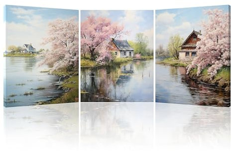 PIY PAINTING Stampe su Tela Casa sul Lago, Albero in Fiore, Quadro Decorazione Murale Moderno, Paesaggio con Cornice per Camera da Letto, Soggiorno, 3 Pannelli 30x40cm
