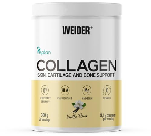 Weider Collagen (300g) Sabor Vainilla, Colágeno Hidrolizado en Polvo tipo I, Péptidos de Colágeno 100% Peptan, Ácido Hialurónico, Magnesio, Vitamina C, Sin Azúcar, Para Piel, Cartílago, Hueso, Cabello