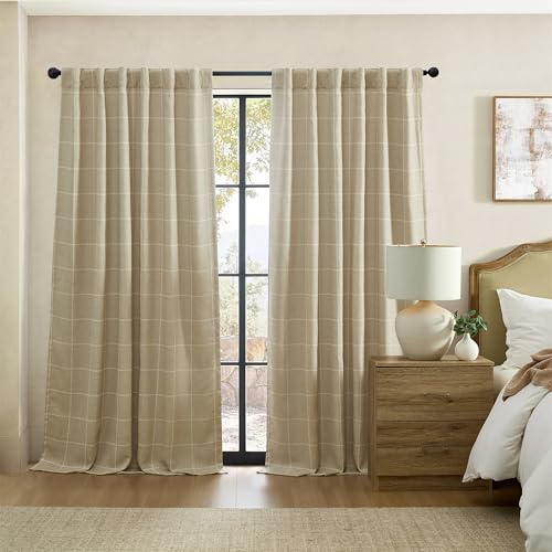 Elrene Home Fashions Sawyer Windowpane Plaid Room Darkening Single Window Curtain Panel with Rod Pocket/Back Tabs for Living Room/Bedroom/Office, 52x95, Sand