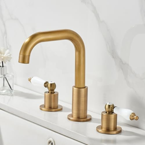 ZYCDP 3 Hole Taps for Bathroom Antique Brass Basin Taps, Dual Lever Basin Mixer Taps Bathroom Sink Tap Brass 360 Swivel Hot and Cold Water