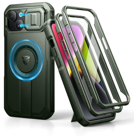 Dexnor Kompatibel mit iPhone 13/14 Hülle mit Kameraabdeckung Schieben & Einstellbarer Kickstand & Integrierter Displayschutz, Robuste stoßfeste Bumper Heavy Duty Mangetic Schutzhülle- Military Green