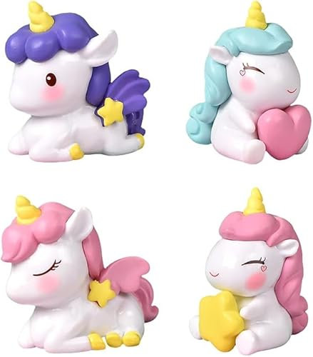 4 Stück Einhorn Tortendeko, Einhornornamente aus Harz, Moos Mikrolandschaft Dekoration, Mini Einhorn Modelle, für Kleine Gartenarbeit, Cake Topper Dekoration, Bücherregal, Geburtstagsfeier