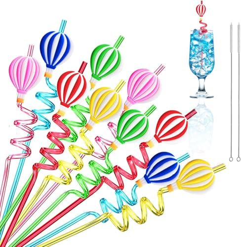 Paille Plastique Reutilisable avec 2 Brosses, Paille Enfant Animaux Marins, Montgolfière Bouclées Pailles à Boire pour Fête, Mariage, Anniversaire, Réunion, Fête Hawaïenne (montgolfières 10 pièces)