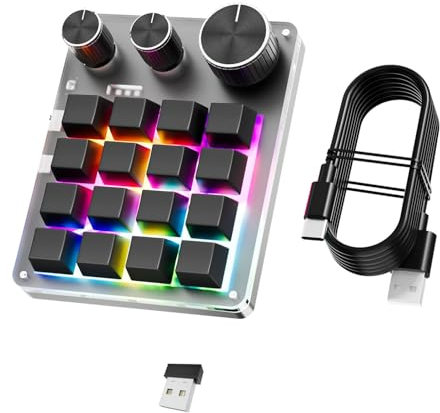 Rdxanc Einhand-Makro-programmierbare USB-Tastatur, 16 Tasten, 3 Knöpfe, Hotswapp-fähig, mechanische Tastatur, kabellos, für Gaming