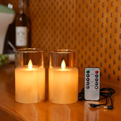 Lonkenn 2er-Pack Wiederaufladbare LED-Kerzen, Flammenlose Kerzen Kerzenlicht mit Fernbedienung, Flackern Kerzen, Batteriebetriebene Stumpenkerzen in Glas, 15 cm in Braun (Ladekabel Inklusive)