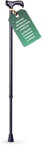 REMEDIA ONE Bastone per Anziani in Alluminio Anodizzato, Manici Vari | Bastone da Passeggio Regolabile, Impugnatura Anatomica o Derby in Legno, Nero, Altezza 79-102 cm