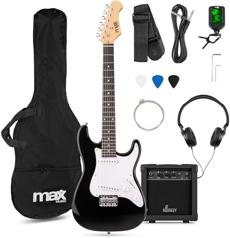 Max GigKit Junior 3/4 - Kinder E Gitarre Set, E Guitar, Elektrogitarre mit Verstärker 20 Watt, Tasche, Plektrum, Kopfhörer, Gurt, Stimmgerät, Kabel, Saiten, Electric Guitar, E Gitarren Set - Schwarz